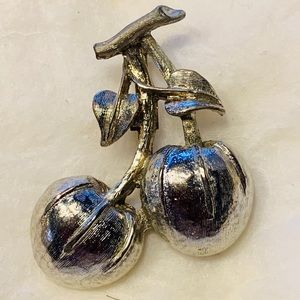 Vintage Silver-tone Cherries Brooch Pin